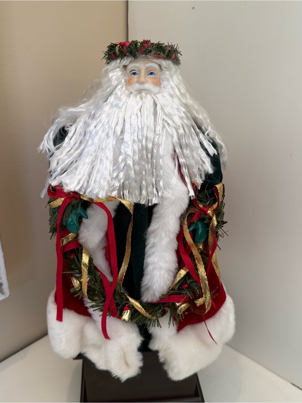 Father Christmas Santa Figure 13” Red Green Robe Wreath Bells Holiday Decor